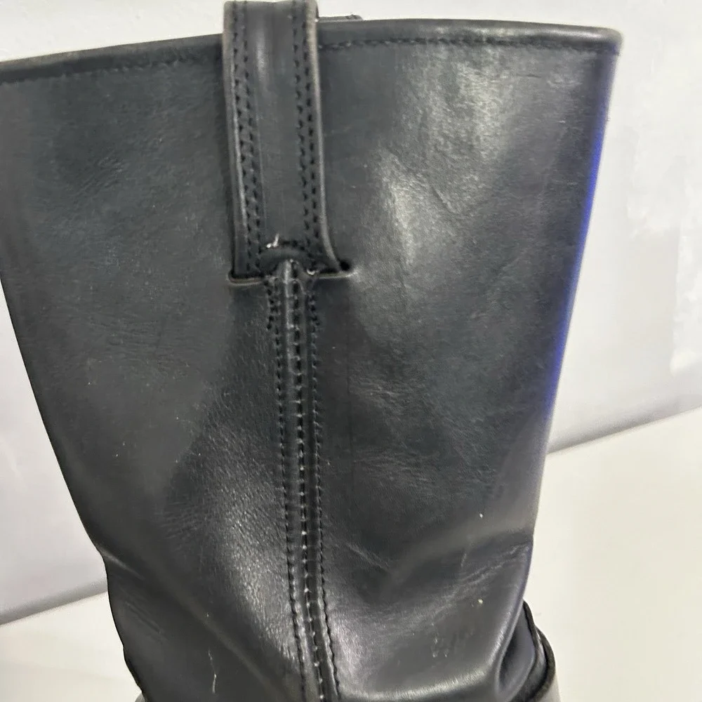 Y2K Vintage Frye Harness Black Leather Biker Pull On Mid-Calf Square Toe Boots